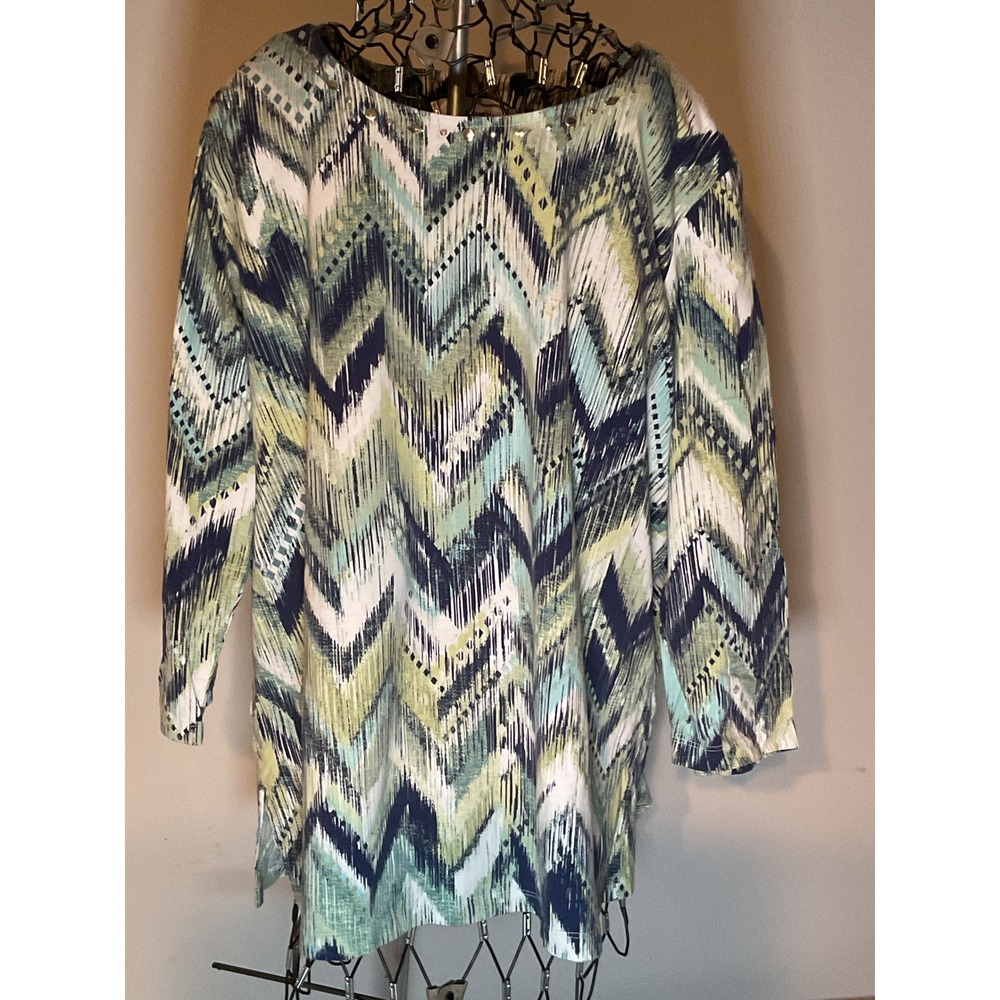 Alfred Dunner Blue Green Chevron Ikat Studded Neck‎ Long Sleeve Top XL